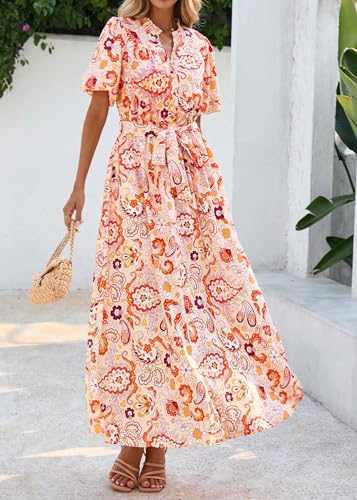 Image of KIRUNDO Women Spring Summer Wedding Guest Boho Floral Maxi Dress Puff Sleeve Button Shirt V Neck Flowy Beach Vacation Dress