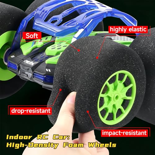 Image of pinkking Indoor Remote Control Car with Oversized Sponge Tires Stunt Soft Wheels RC Car Outdoor Indoor RC Vehicle Toy for Kids Double Sided 360 Rolling Rotating Vehicle for Boys Girls Gift, Green