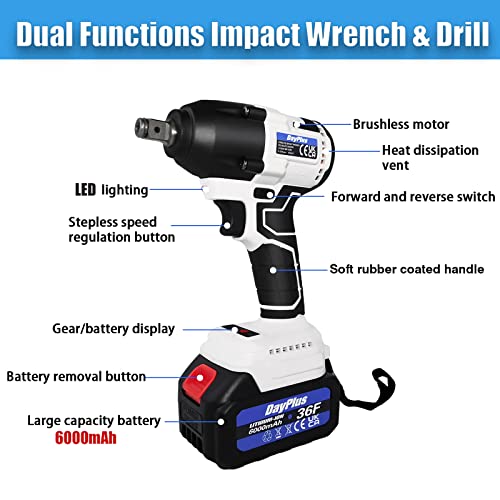 Akku-Schlagschrauber Akkuschrauber bürstenlosem Motor, 2x 6.0Ah Akkus, 4 Stück Steckschlüssel, 12 Bohrer, 420N.m… – Bild 3