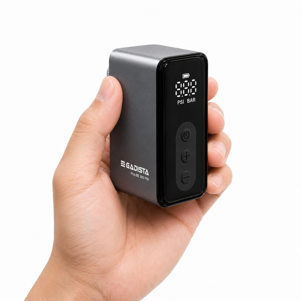 GADISTA Mini Pompe à Vélo Électrique 120 PSI - Gonfleur Électrique Portable sans Fil, Écran Numérique PSI/Bar, Arrêt Automatique, Valves Presta & Schrader + Ballons, USB-C, 143 g
