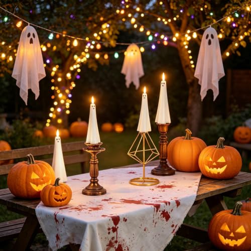 Image of kakoya Ghost Flameless Floating Candles with Wand Remote, 12 Pcs Magic Flickering Battery Operated LED Hanging Taper Candles for Halloween Party Decoration(White)