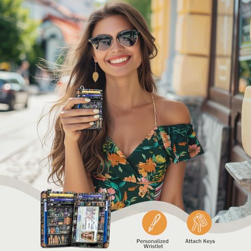 Goth Bookshelf Credit Card Holder RFID Wallet Women, Slim Wallet Front Pocket Small Card Holder, Funny Skull Gothic Case Organizer with ID Window PU Leather Witchy Gifts for Woman Girls