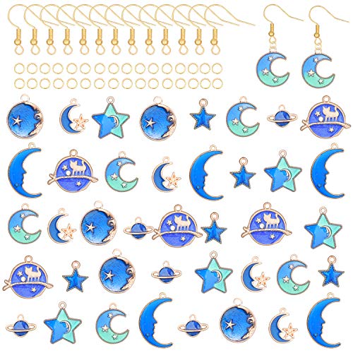 Ancefine 144 Pieces Moon Star Earring Making Kit Gold Plated Blue Moon Star Enamel Pendant Charms Earring Hook and Open Jump Rings for Earring Necklace Bracelet Jewelry Making