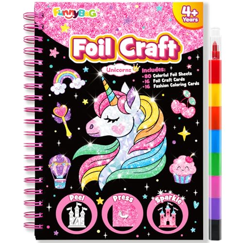 Image of FUNNYB&G Foil Art Craft Kit for Girls 4-10 Years Old: Mess-Free & No-Glue, Create 16 Sparkly Unicorns Pictures - Perfect Travel Toy & Birthday Gift for Kids（Unicorns）
