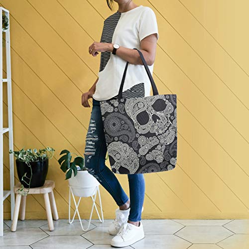 Image of Halloween Skull Canvas Tote Grocery Bag Shoulder Casual Book Bag Large for Women Teachers, Sugar Skull Cotton Bag Shopping Purse Handbag Reusable Multipurpose Use