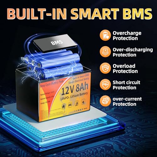 Image of 12V 100Ah 8Ah LiFePO4 Lithium Battery, Smart 100A BMS & Low Temp Cut-Off, 4000-15000 Deep Cycle 10-Year Life Lightweight Replacement Waterproof (12V 8Ah)