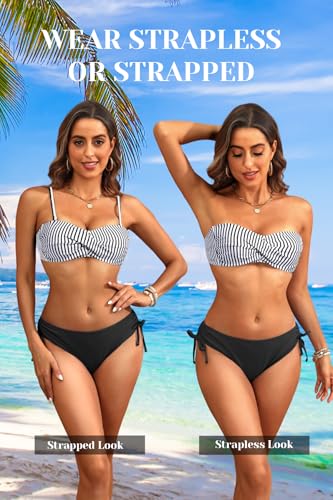 Image of Tempt Me Women Strapless Bandeau Bikini Set Twist Front Two Piece Swimsuit | Detachable Shoulder Straps, Molded Cup Design, Anti-slip Strips, Side Tie Bikini Bottom, Low Rise Fit