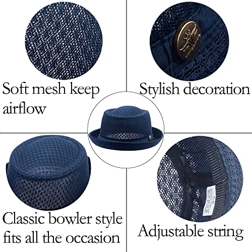 Image of Straw Mesh Pork Pie Hat,Men Summer Fedora,Lightweight Bowler Flat Top | Brim Adjustable Sweat Band,2 /6 Pc Breathable Foldable,Cotton Soft Packable,Party Costume Classic,Sun Beach Travel Outdoor