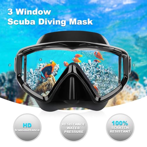 Image of Adult Pano 3 Scuba Diving Mask, Tempered Glass Snorkel Mask Anti-Fog Swim Mask No Leakage Swim Goggles with Nose Cover Snorkeling Gear for Snorkeling, Freediving, Swimming