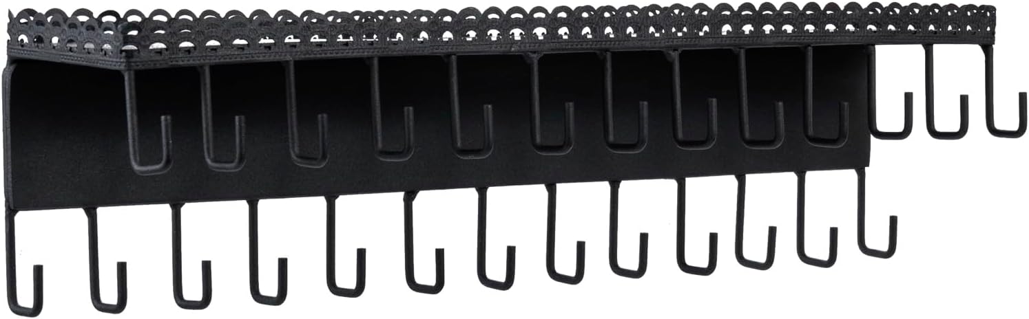 MyGift 15 Inch Wall Mounted Matte Black Metal Jewelry Organizer & Display Shelf with Vintage Lace Design, Hanging Perfume Storage and 26 Hook Necklace Hangers