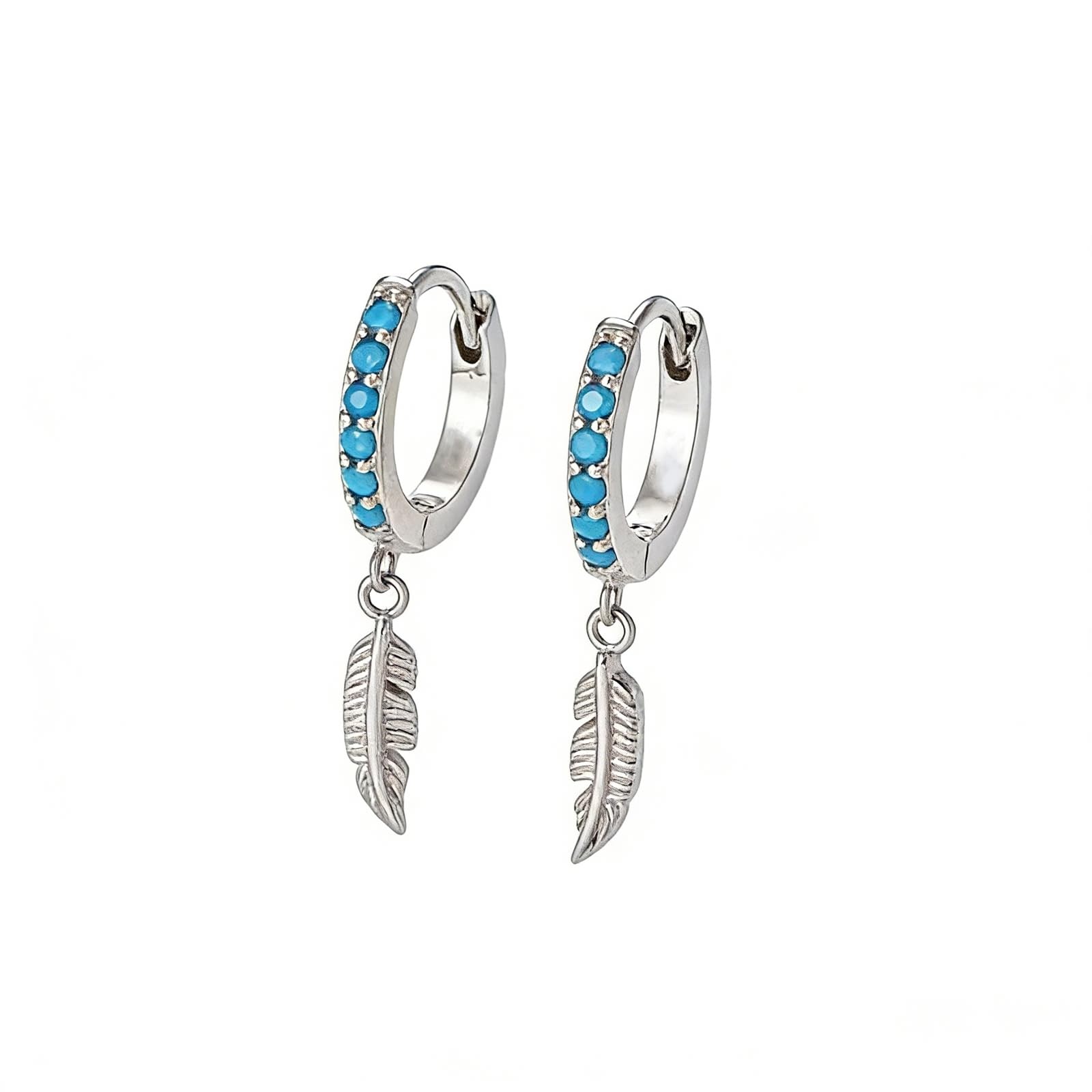 Pendientes de oro blanco de 9 K/14 K/18 K/PT950, joyas auténticas con turquesa redonda, pluma de aro