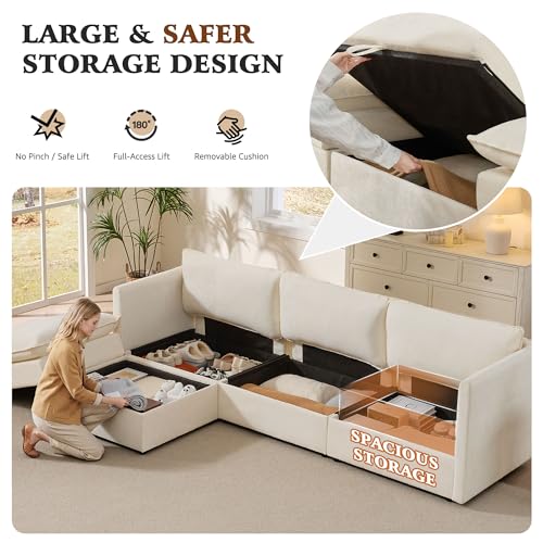 Image of Ihanherry 103 inch Modular Sectional Sofa with Storage, L Shaped Cloud Couch with Movable Ottomans & 4 Pillows, Chenille Deep Seat Sectional Couches for Living Room, Apartment (Beige)