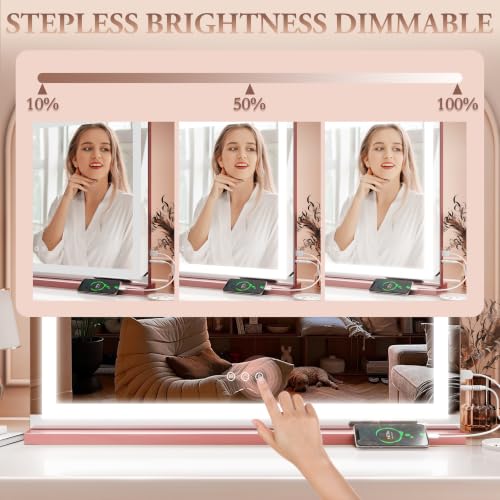 Image of ROLOVE 32 inchx22 inch Large Pink Vanity Mirror with Lights, 10X Magnifier | LED Lighting, 3 Color Modes, Stepless Dimming, Touch Control, Plug-In Power, USB Charging Port, Tabletop or Wall-Mounted Use