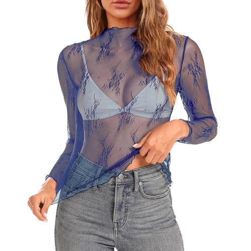 Camiseta de malla para mujer, sexy, brillante, transparente, parte superior de malla, camiseta de manga larga transparente Y2K, camiseta de manga larga, camiseta de manga larga con purpurina, camiseta