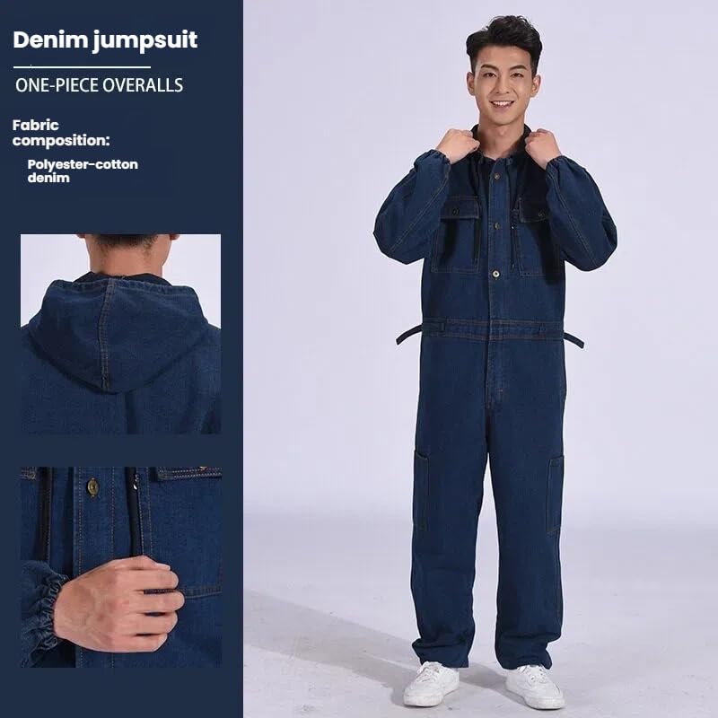 Tuta protettiva resistente all'usura da lavoro in denim da uomo | Tuta da lavoro durevole, tuta protettiva monopezzo resistente all'usura, ideale per officina, meccanico