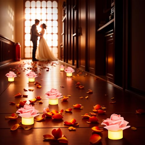 Image of SupBri 12 Pack Led Candles with Artificial Flowers, 200+Hour Battery Operated Tea Lights Candles for Centerpiece Table, Party, Wedding Decorations (Pink)