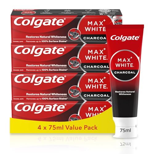 Colgate Max White Charcoal Toothpaste Activated Charcoal Toothpaste Clinically Proven to Remove up to 100 Percent Surface Stains* Toothpaste Multipack 4 Pack 75ml Tubes
