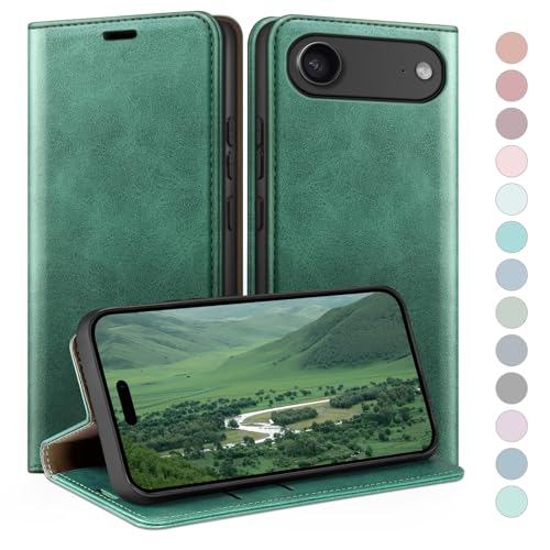 Coque iPhone 17 Air HUOUH Étui Portefeuille Vert Clair en Cuir avec Fentes pour Cartes