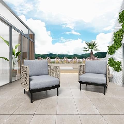 YONIK Patio Conversation Sets 2 PCS Outdoor with Detachable Back Hand Woven Rope Adhesive Thread Waterproof Cushion Bohemian Style for Apartment Balcony, Garden, Backyard Cover