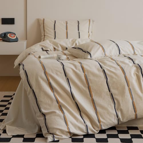 Image of VM VOUGEMARKET King Duvet Cover Set Jacquard Black Orange Stripes Duvet Cover with 2 Pillowcases Yarn-Dyed Linen Cotton Minimalist Bedding Set,104 inchx90 inch