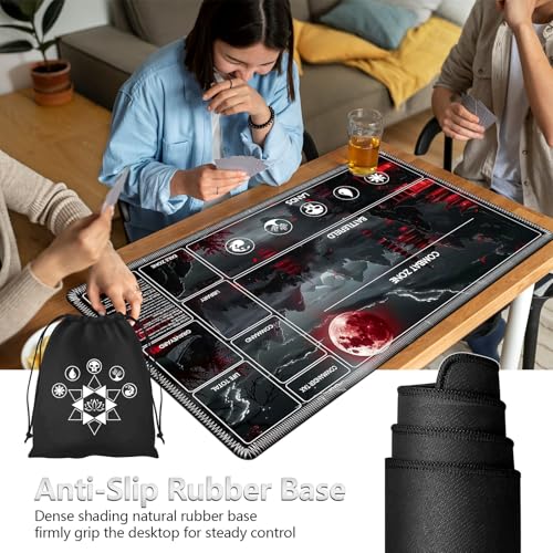 Image of for MTG Playmat with Card Storage Bag,Non-Slip Rubber Base & Smooth Surface 35.4x19.7in,Beginner-Friendly Magic Mat for Commander Deck,Red Moon Lake