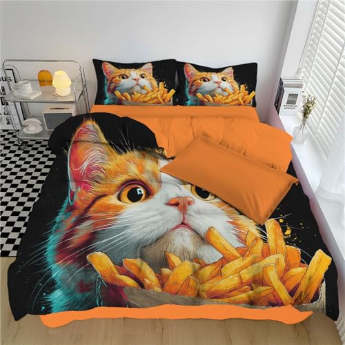 Fundas Nordicas Cama 80/90 Juvenil Gato Sosteniendo Una Papa Frita, Juego De Ropa De Cama Juvenil Microfibra, Funda Edredon 135 X 200 Cm con Cremallera Y 1 Funda De Almohada 50X75 Cm, Estilo Pop Art