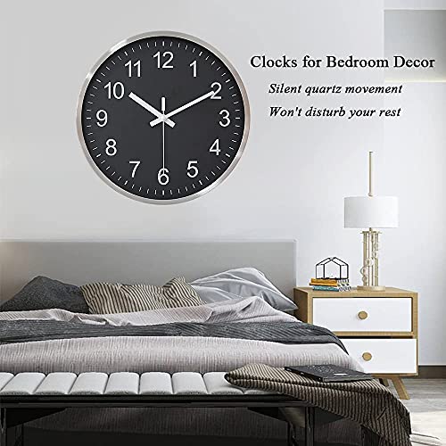Image of HZDHCLH Modern Wall Clocks Battery Operated 12 inch Silent Non Ticking Wall Clock for Living Room Bedroom Kitchen Office Decor (Aluminum-Black)