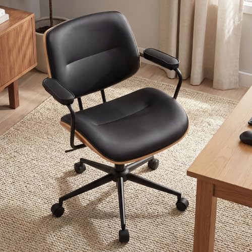 Image of Mid Century Modern Office Chair with Adjustable Backrest, Wooden Desk Chair with Armrests, Swivel Height Adjustable Home Office Chair, Comfortable Task Chair for Home Office, Black