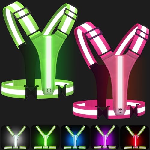 SAWNZC LED Reflective Vest Running Gear, 5 Colors Lights Up Running Vest for Night Walking Cycling Jogging, Adjustable Size for Men Women Kids, Rechargeable and High Visible (2, Green+Pink)