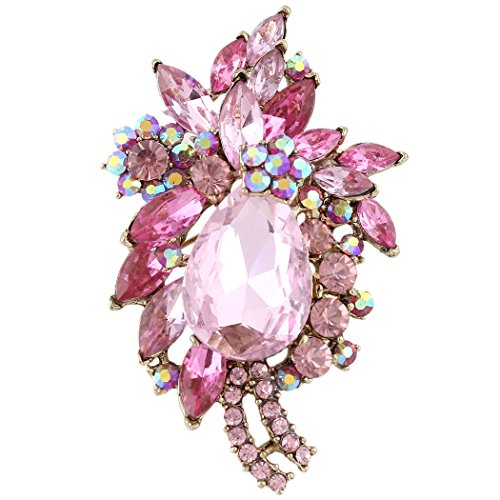 EVER FAITH Women's Rhinestone Crystal Vintage Style Flower Teardrop Brooch Pendant Pink Gold-Tone