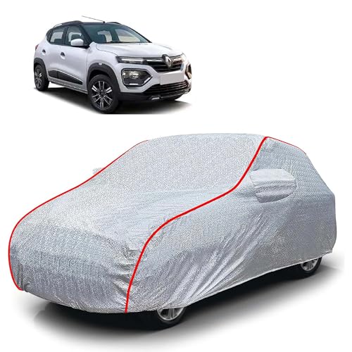 Image of Sulfar 100% Waterproof Car Body Cover Compatible with Mirror for Renault Kwid (Triple Stitched, Full Bottom Elastic, Magic Silver with Red Piping)