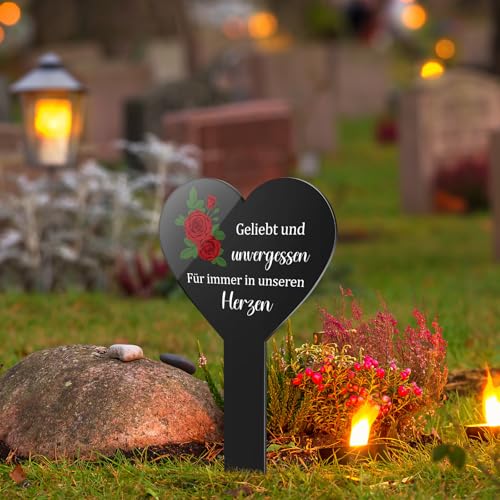 Photect Herz Grabstecker Schwarz Acryl Grabschmuck mit Gravur Geliebt und Unvergessen Träumen Gedenktafel Grabstein Grabdeko Wetterfest Gartenstecker für Grab(Bunte Rosen)