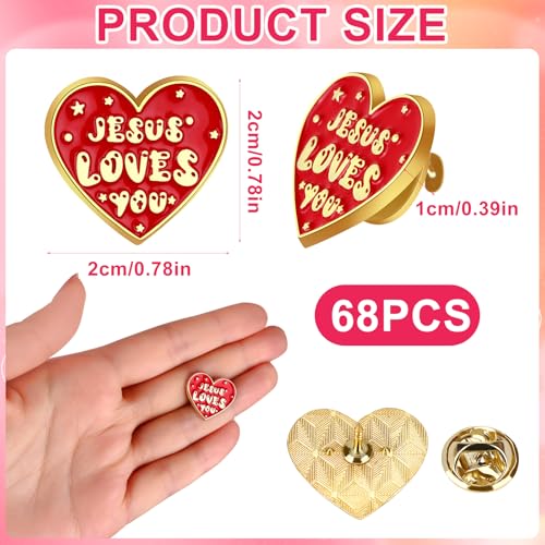 68 Pcs Religious Jesus Pins Bulk Christian Favors Jesus Loves You Lapel Brooch Red Heart Pins Badge for Clergy Appreciation Gift Church Sunday School Christmas Easter Favor2