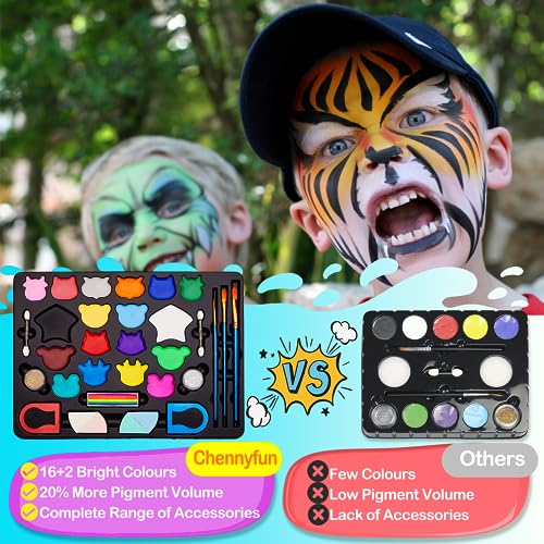 Chennyfun Face Paints Kit for Children, 18 Colors Face Painting Kit Make Up Set for Boys Girls, Washable with Hair Chalk, Glitter, Stencil, Tattoo for Kids for Carnival Halloween Party - Image 2