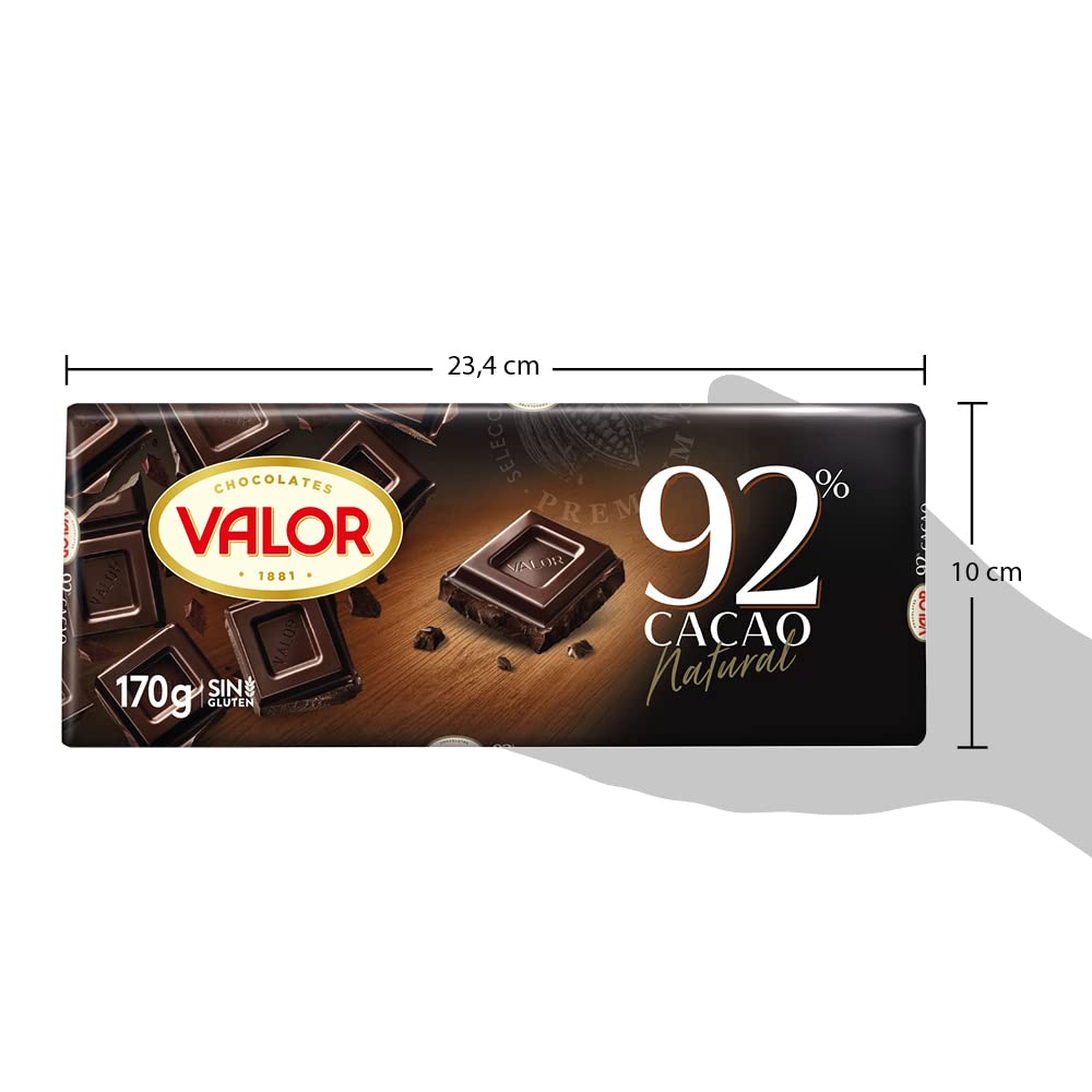 Valor - Chocolate Negro 92% - Tableta de Chocolate Negro con Mayor Porcentaje de Cacao - Intenso Sabor y Aroma - Sin Gluten y Apto para Celiacos - Pack 18 x 170 Gramos
