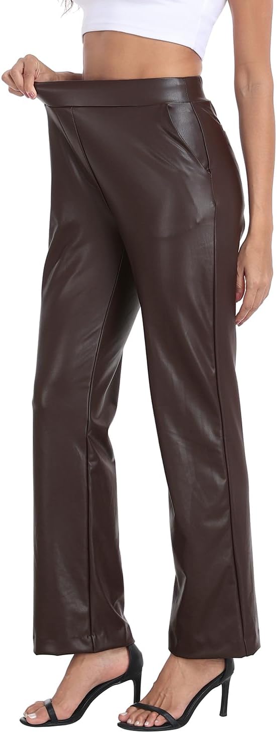 Women's Pull On Faux Leather Pants Black High Waisted PU Leather Kick Flare Pants with Pockets - Image 5