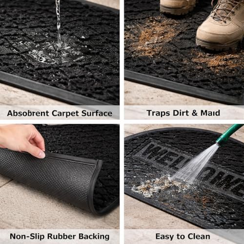 Image of DecorTwist PVC Door Mat 60x40 cm | Heavy Duty Indoor Outdoor Entrance Mat | Anti-Slip Rubber Back | Waterproof Dust & Dirt (Style 3 [ Black ], Half Round PVC Door Mat 80x40 cm, Pack of 1)