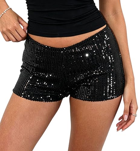 Seyumixi Womens Sequin Micro Shorts Low Waist Glitter Sparkly Y2k Mini Shorts Sexy Rave Bottoms Hot Pants Club Party(Bodycon Black S)