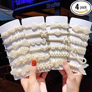 HOMEPIC Pearl Hair Clips Large Hair Pins Barrette Ties for Women Girls, Handmade Fashion Pearl Hair Accessories Hair Clips for Party Wedding Daily Design (Random) Pack Of 4