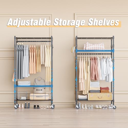 Image of Homdox Heavy Duty Clothing Rack with 3 Tier Adjustable Wire Shelves, Garment Racks for Hanging Clothes, Double Rods Clothing Rack, Freestanding Closet Wardrobe with Side Hooks, Black