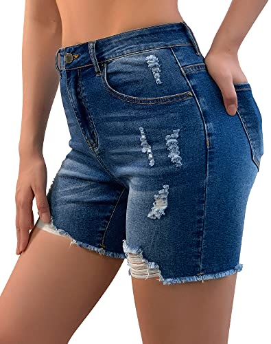 Roswear Women’s Casual Summer Ripped High Waisted Denim Shorts Stretch Distressed Frayed Raw Hem Jean Shorts Blue Medium #TOP3