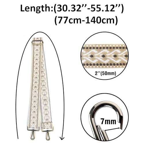 Image of White Geometric Jacquard Purse Strap with Light Gold Hardware 2 Inch Wide Replacement Crossbody Guitar Style Adjustable Shoulder Strap for Handbags Totes