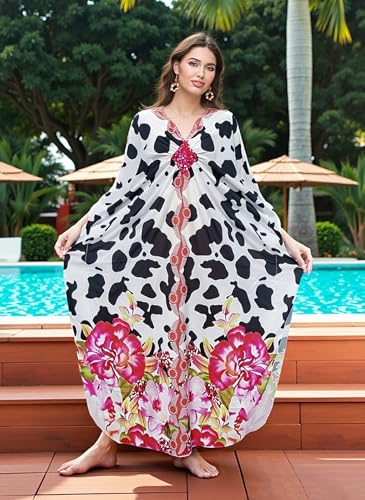 Image of sunforyou Caftans for Women 4XL Black Elegant Moomoo Dresses70s Kaftan Cow Print Floral Bikini Cover up Lightweight Loungewear(2604)