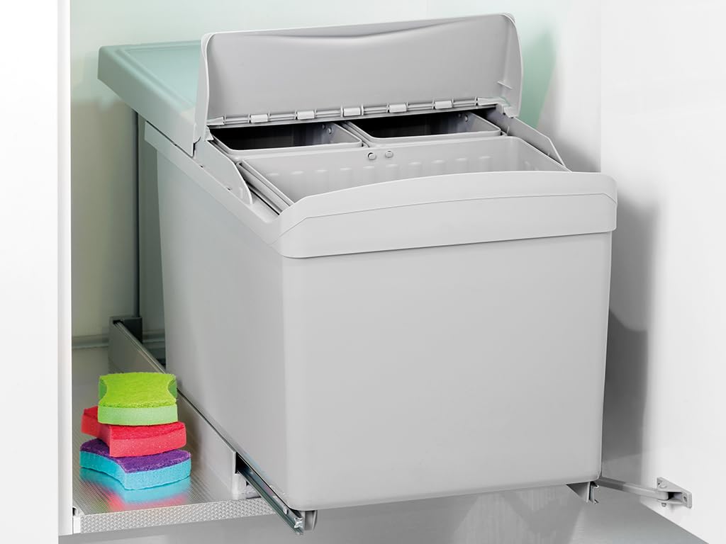 EMUCA - Contenedores de reciclaje para cocina, Cubos de basura bajo fregadero 1 x 16L + 2 x 7,5L, fijación inferior y extracción automática, Plástico gris