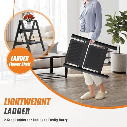 Image of Kiesh Portable 2-Step Folding Step Stool, Heavy Duty Steel Ladder with Anti-Side Slip Pedals, 500 lbs Capacity, Compact & Lightweight for Household Kitchen, Home & Office Use (Black)