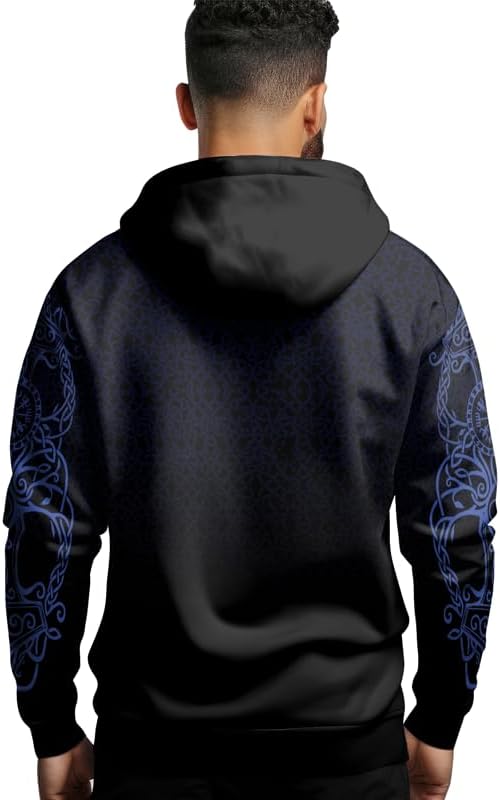 Viking Men's Hooded Collar Drawstring Hoodie Graphic Print Oversized Pullover Shirts with Pocket