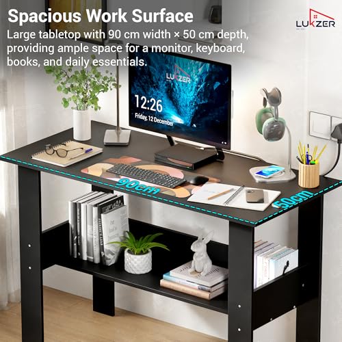 Image of Lukzer Engineered Wood Computer Desk with One Tier Shelves Laptop Study Table for Office Home Workstation Writing Modern Desk (ST-004 / Black / 90 x 50 x 75 cm)