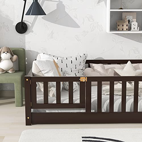 Twin Size Floor Bed Frame For Kids Wood Montessori Floor Beds With Fence Railings & Support Slats For Kids, Twin Playhouse Bed For Boys Girls, No Box Spring Needed, Espresso #TOP28