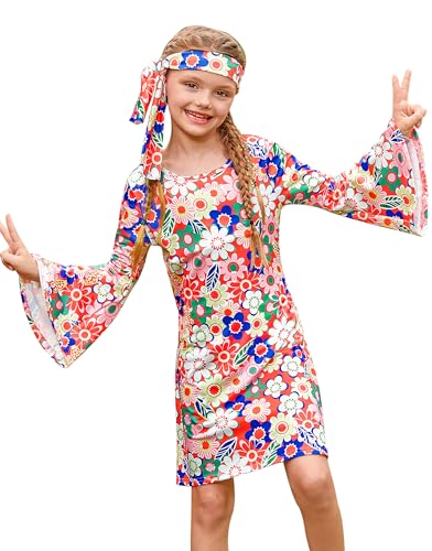 Halloween Big Girls Hippie Go Go Groovy Bell Sleeve Dress Retro Party Dresses with Headband Pink 14 Years