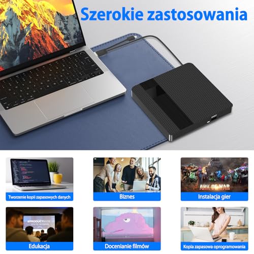 BNEHHOV Zewnętrzny napęd CD/DVD z USB 3.0 Typ-C Zewnętrzna Nagrywarka CD/DVD +/-RW Przenośny napęd do laptopów, Komputerów Stacjonarnych i Mac OS dla MacBooków dla Windows 11/10/8/7/XP Linux OS